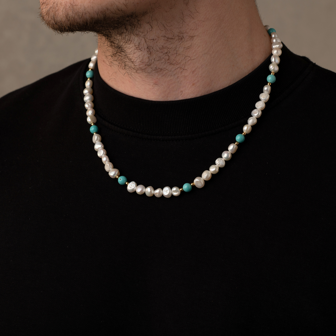 Man wearing a Turquoise Pearls Necklace