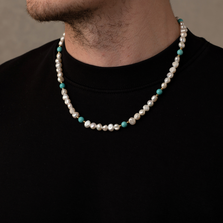 Man wearing a Turquoise Pearls Necklace