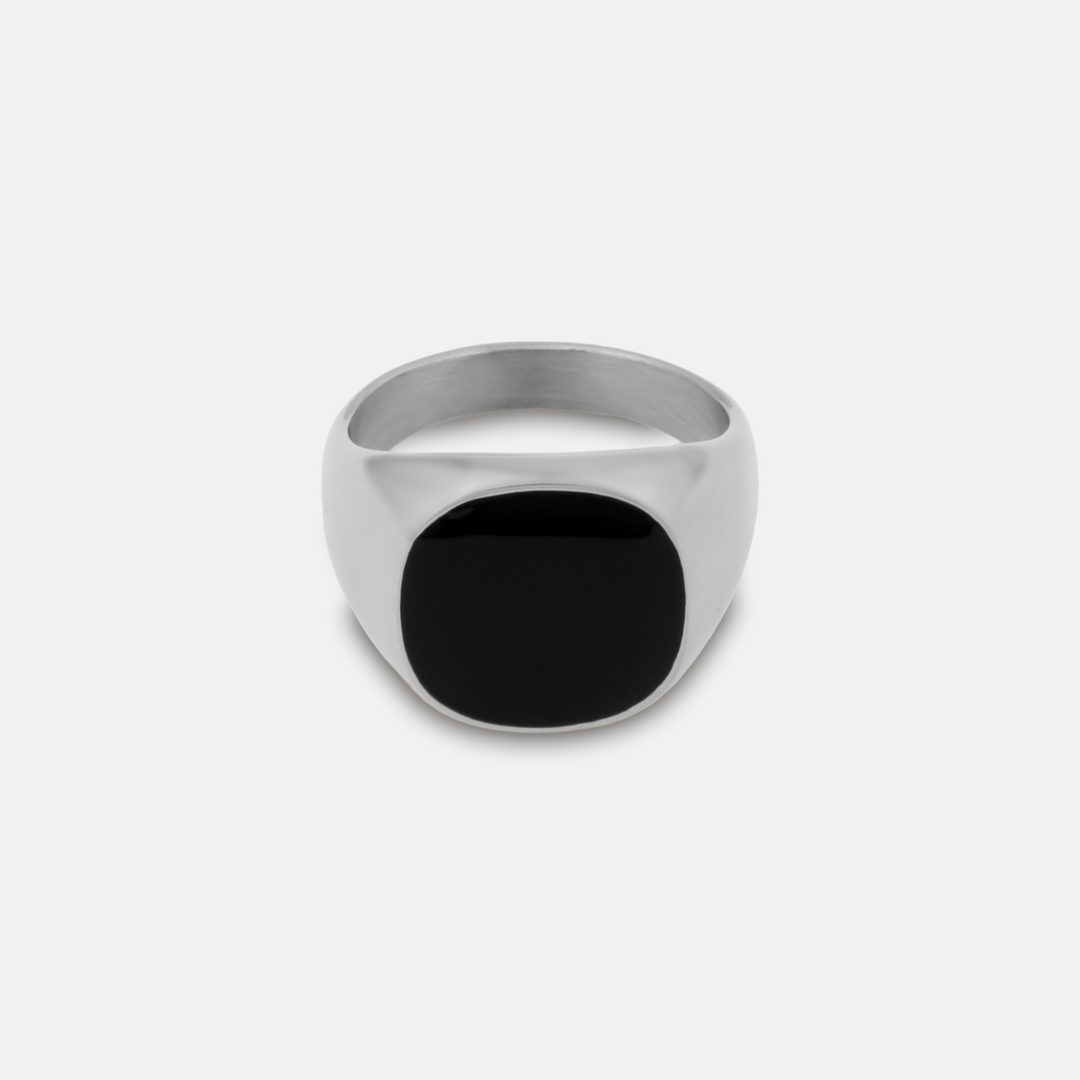 Silver Onyx Stone 20MM Signet Ring on a white background