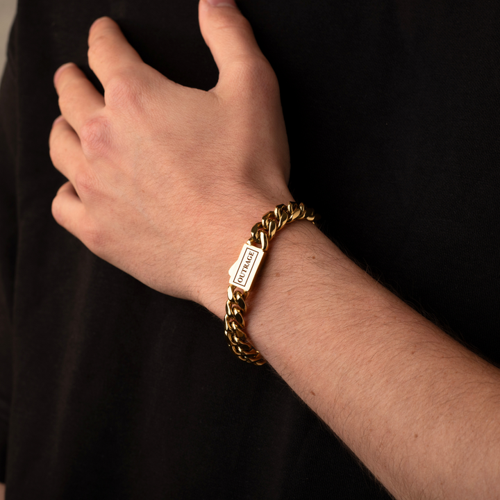 Man Wearing a Gold Cuban Chain Bracelet 9MM