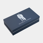 Blue box with 'Outrège London' logo on a light gray background
