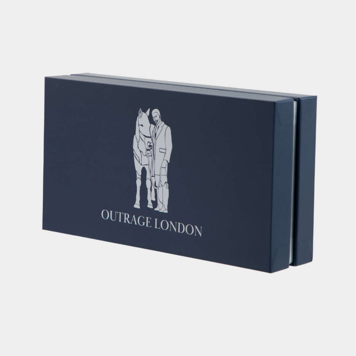 Navy blue box with 'Outrage London' logo featuring a horse and person on a white background