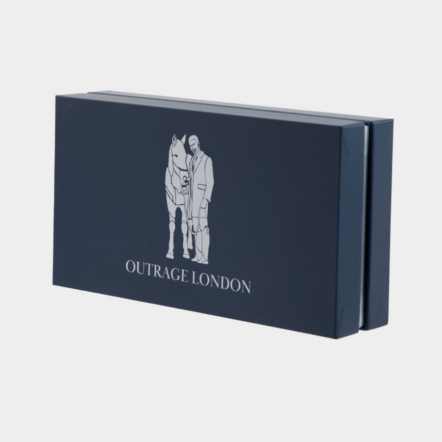 Navy blue box with 'Outrage London' logo featuring a horse and person on a white background