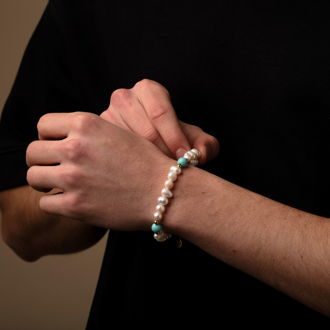 Turquoise Stone - Genuine Pearls Bracelet