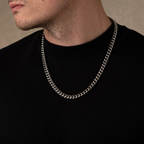 Man wearing a silver chain necklace against a neutral background