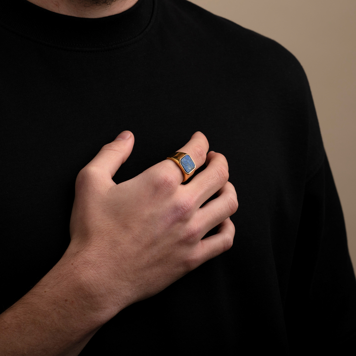 Gold Genuine Lapis Lazuli Stone Signet Ring