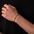 Hand wearing a gold bracelet against a black background