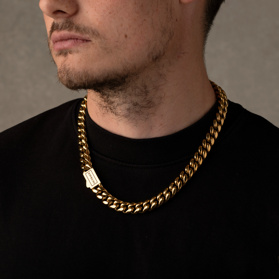 Man Wearing a Gold Cuban Chain Necklace 9MM