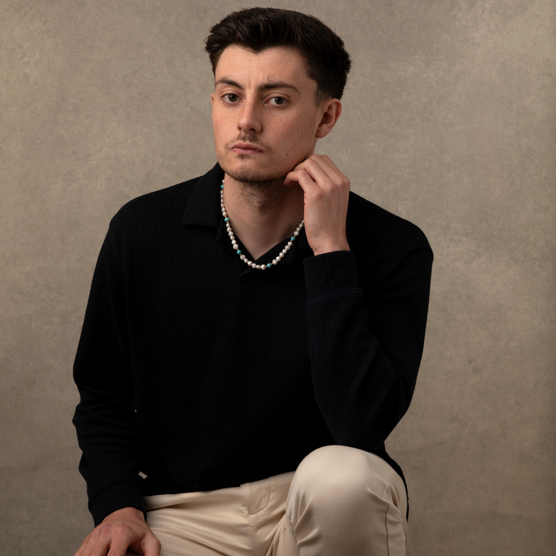 Man wearing a Turquoise Pearls Necklace