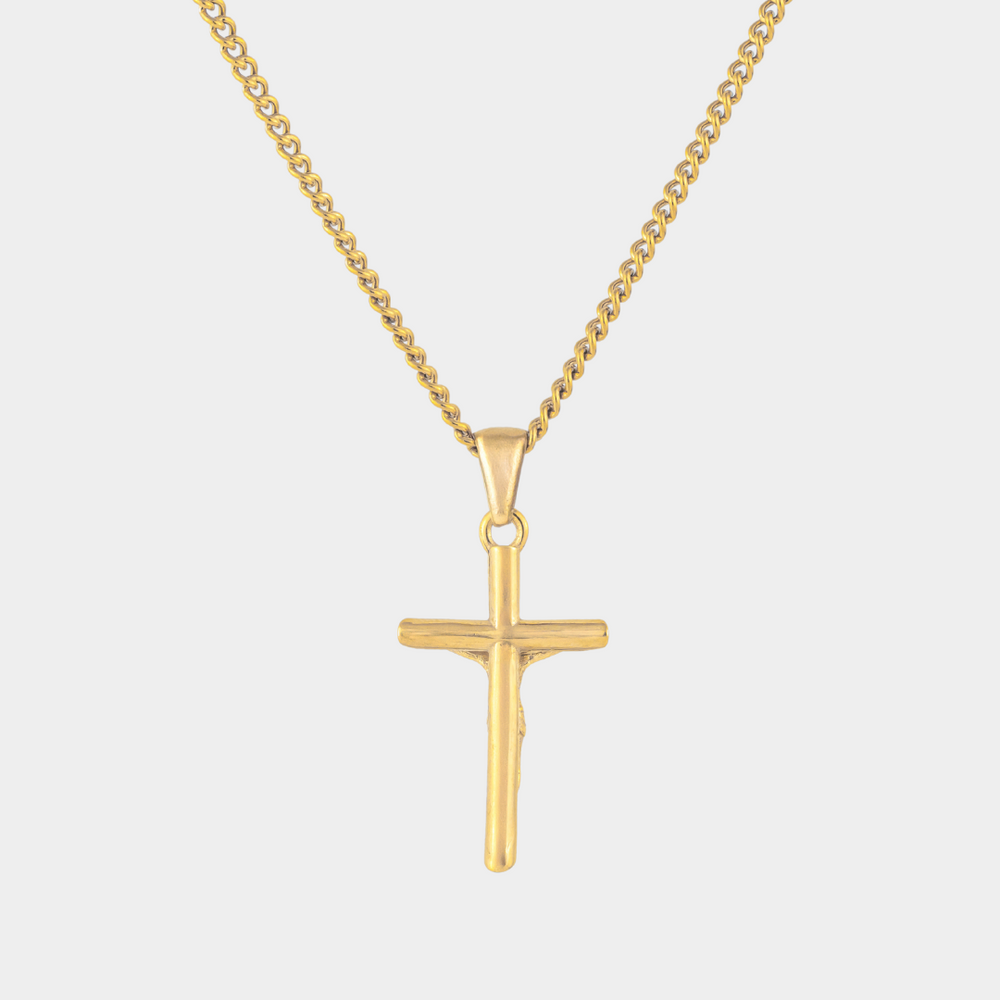 Gold Crucifix Cross Necklace Pendant on a white background