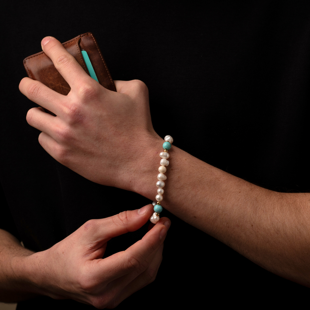 Turquoise Stone - Genuine Pearls Bracelet