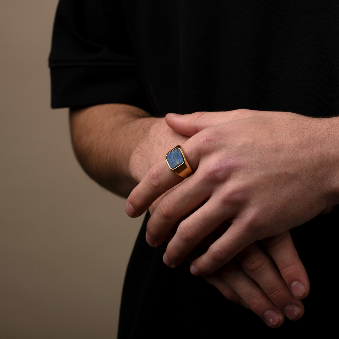 Gold Genuine Lapis Lazuli Stone Signet Ring