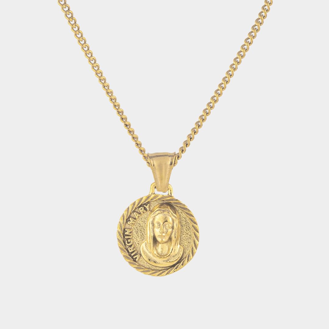 Gold St Mary Necklace Pendant on a white background