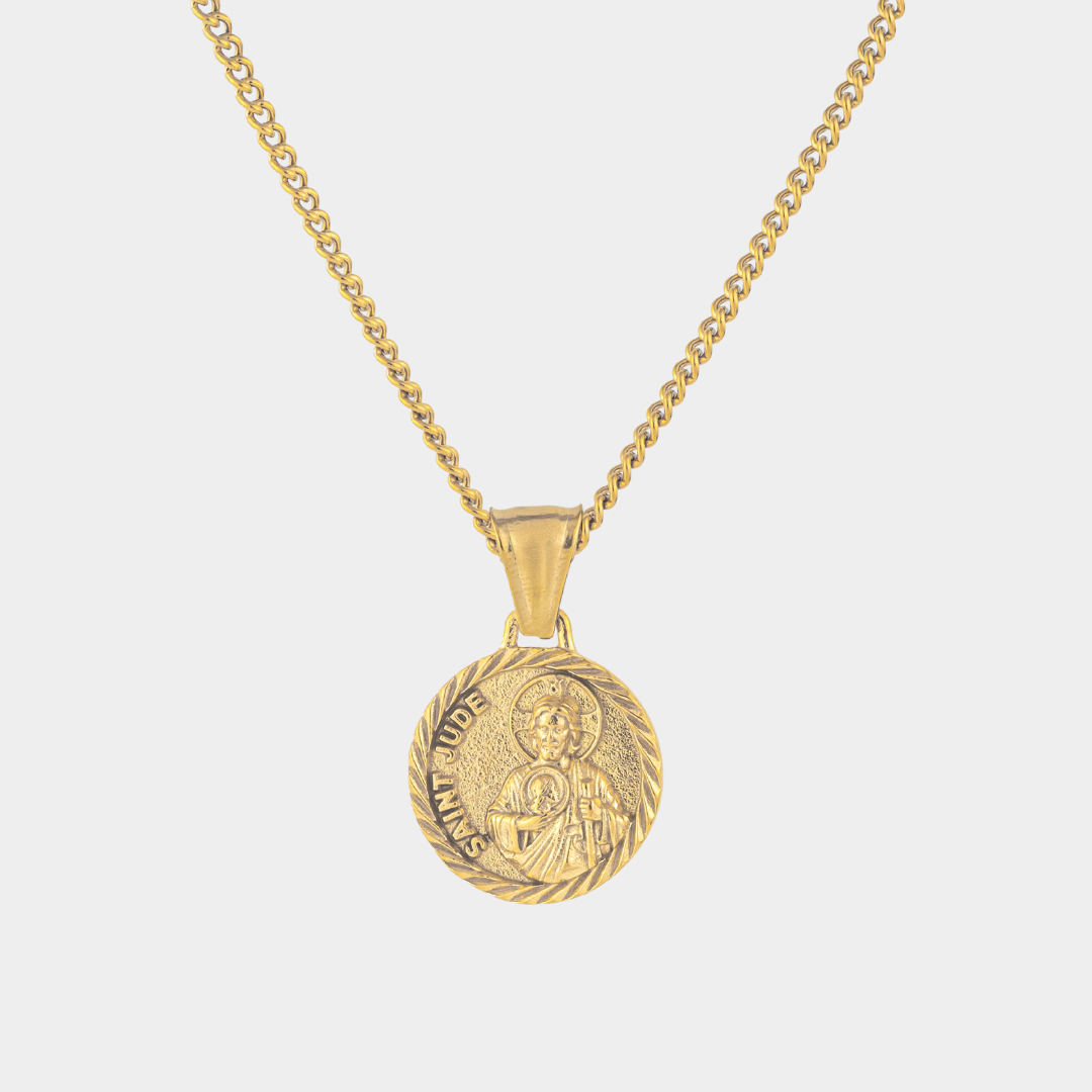 Gold St Jude Necklace Pendant on a white background