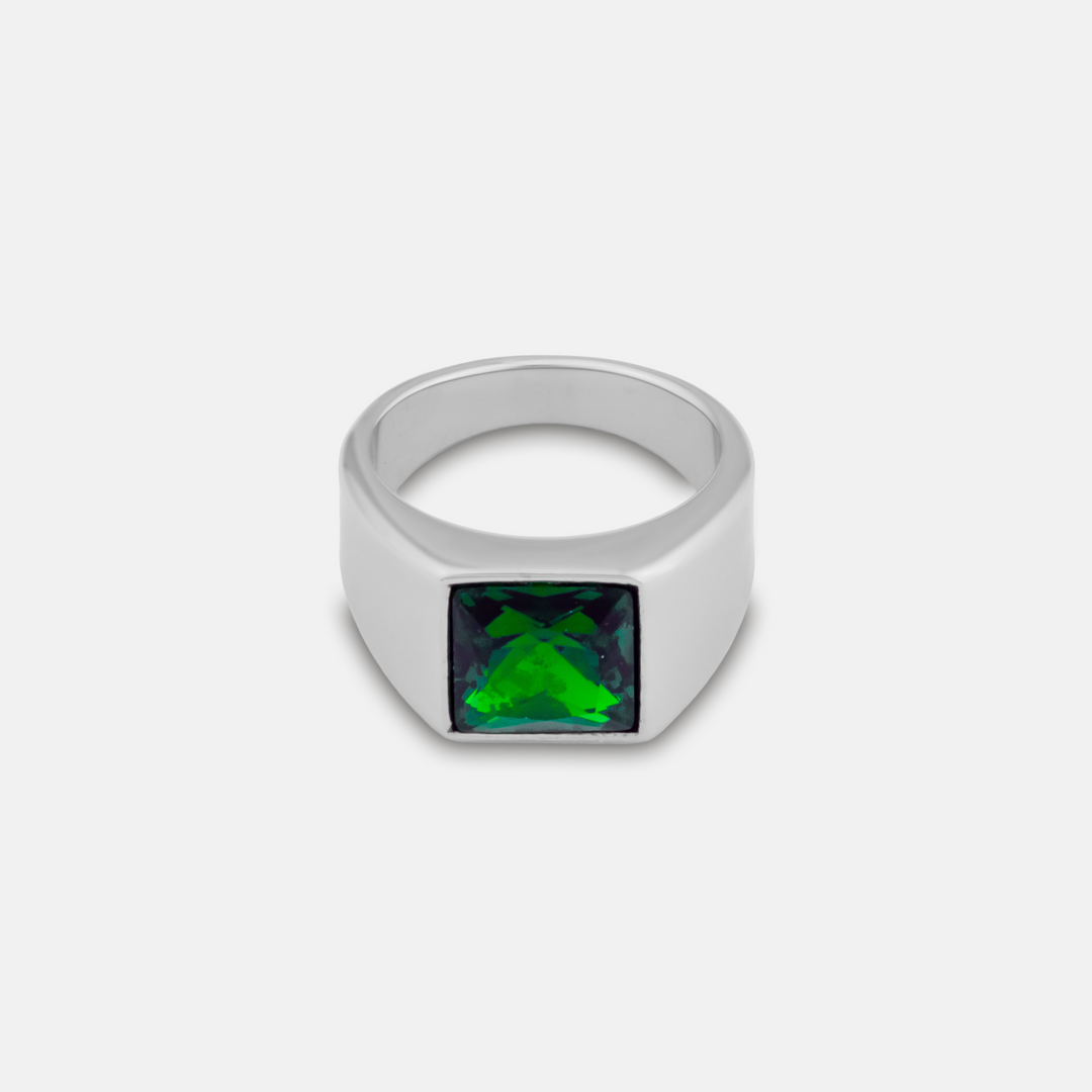 Silver Green Stone Signet Ring on a white background