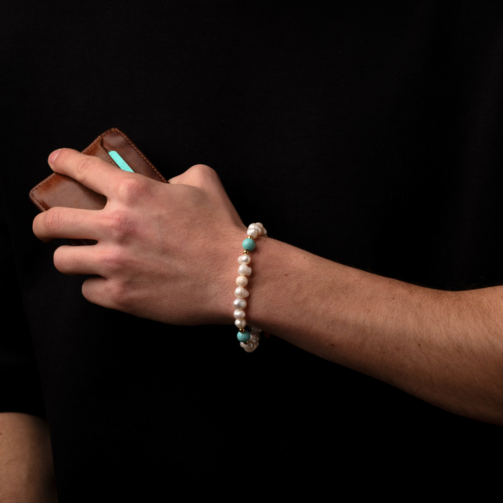 Turquoise Stone - Genuine Pearls Bracelet