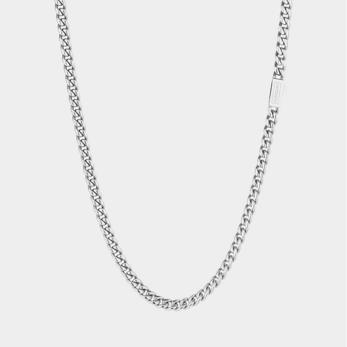 Silver chain necklace on a light gray background