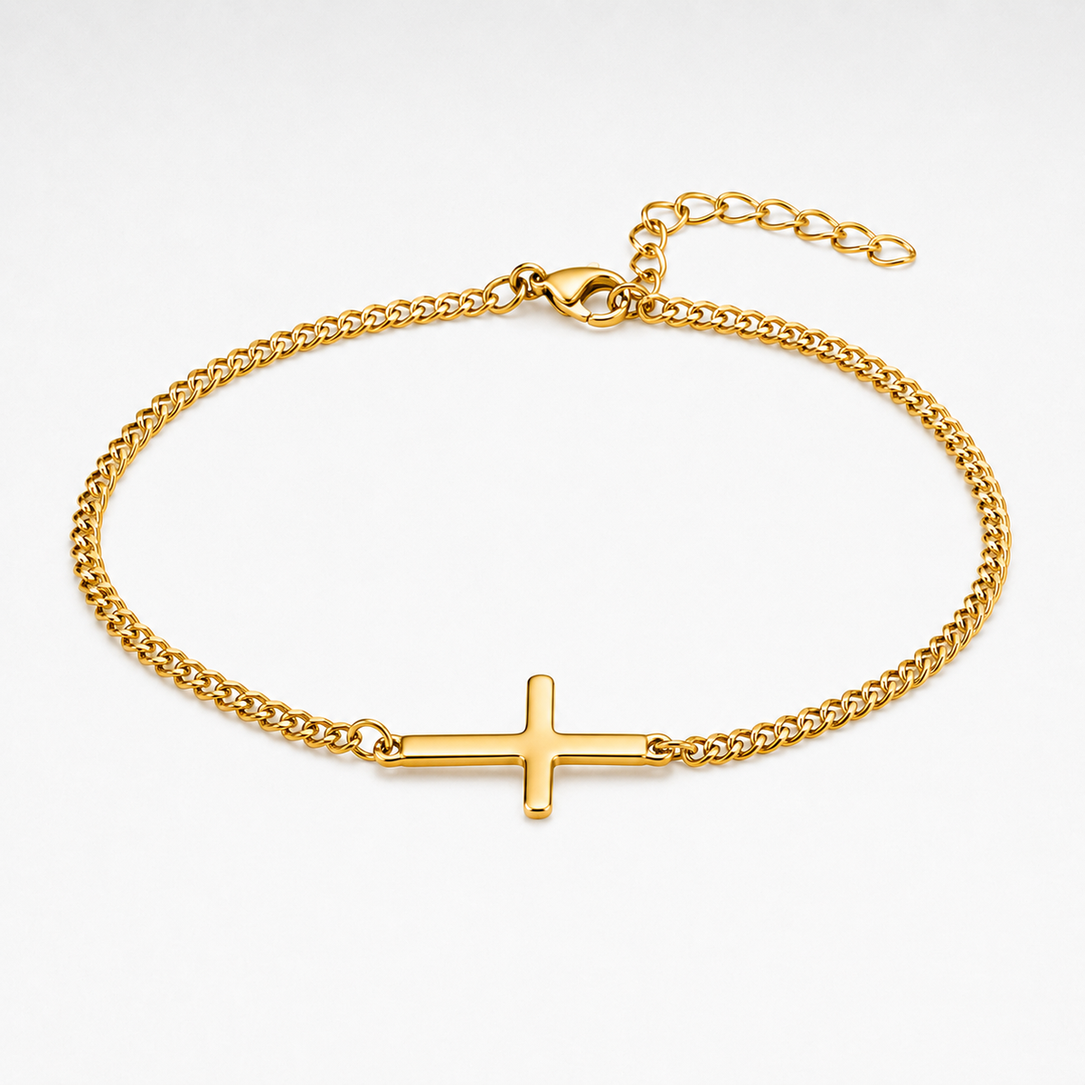 Gold Cross Bracelet on a white background.