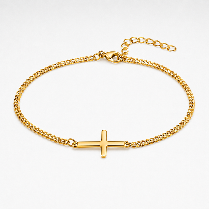 Gold Cross Bracelet on a white background.