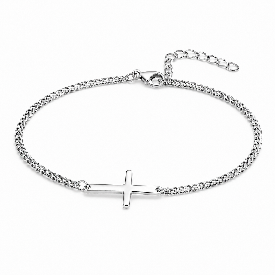 A silver chain bracelet with a flat cross pendant, displayed on a clean white background.