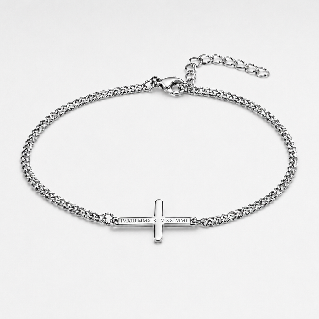 Silver Cross Bracelet Cuban Chain 3MM