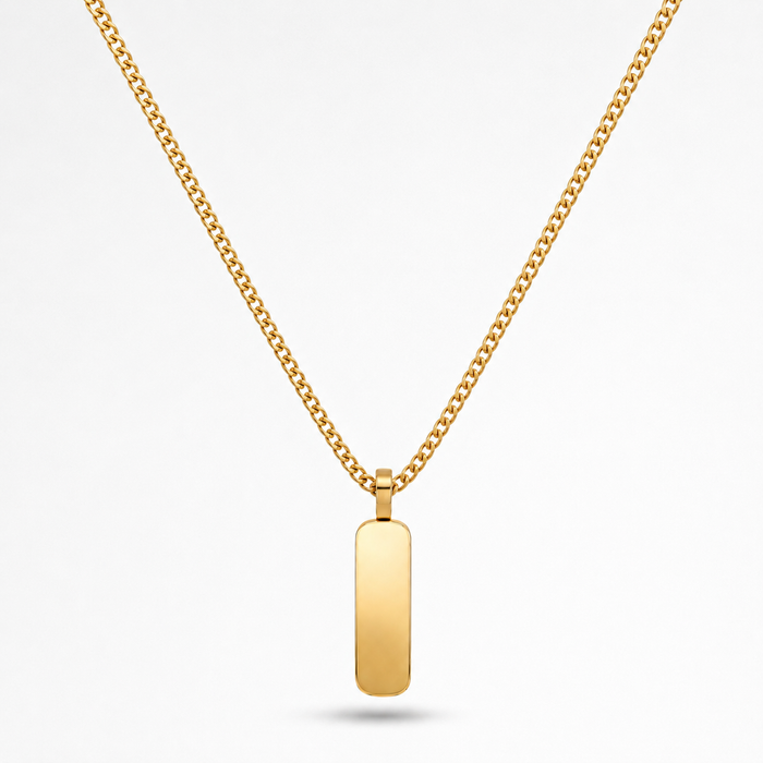 A gold chain necklace with a flat, polished rectangular bar pendant, shown against a clean white background.