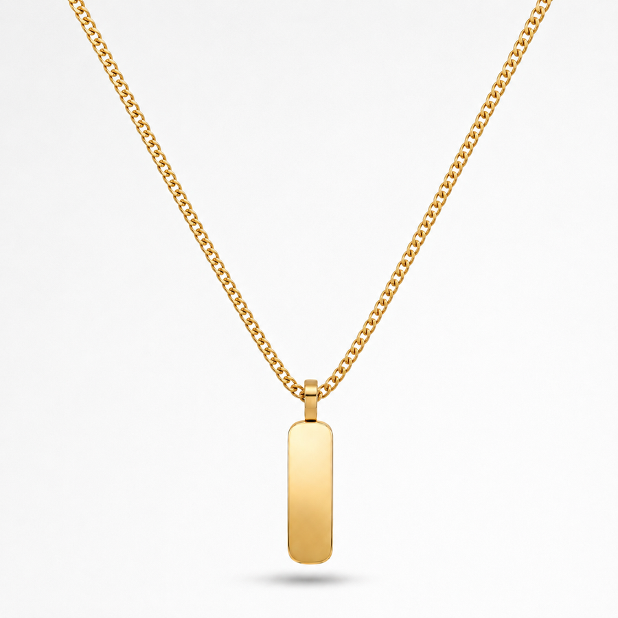 A gold chain necklace with a flat, polished rectangular bar pendant, shown against a clean white background.