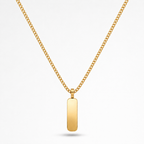 A gold chain necklace with a flat, polished rectangular bar pendant, shown against a clean white background.