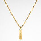 A gold chain necklace with a vertical rectangular gold pendant engraved with Roman numerals and a date, shown on a clean white background.