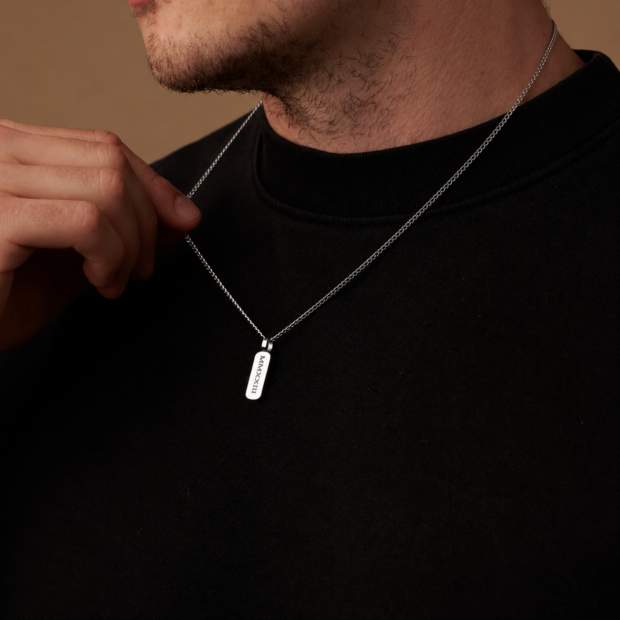 Mens Pendant totem, engraved and being worn by a man