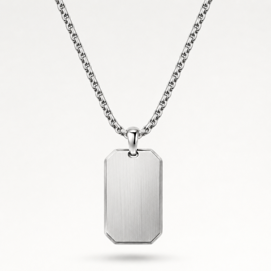A silver-toned stainless steel dog tag pendant necklace with a brushed finish, suspended from a matching cable chain against a clean white background.