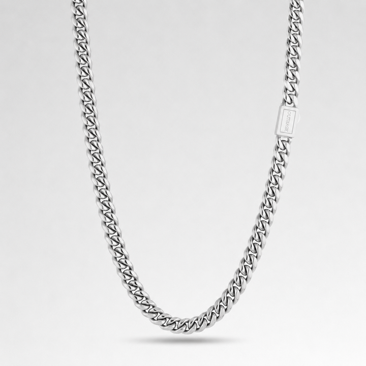Silver chain necklace on a light gray background