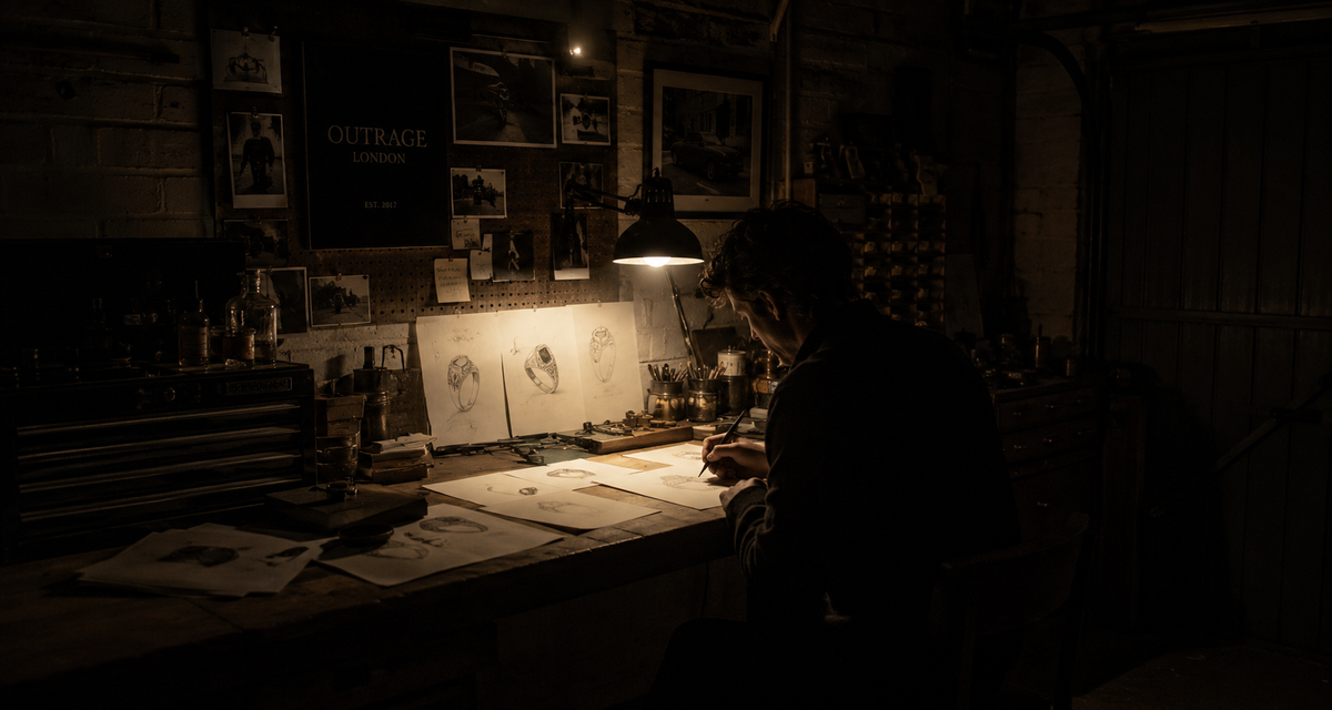 A dark, atmospheric scene of an artist seated at a workbench in a dim studio, illuminated by a warm lamp glow. Papers and sketchbooks are spread on the desk, with framed artwork and posters visible on the wall behind them.