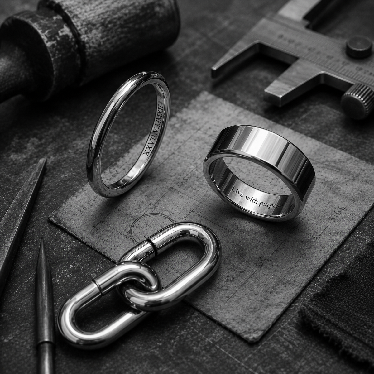 Three polished silver-toned metal rings are arranged on a dark textured surface with workshop tools around them. One ring is shown standing upright, one lying flat, and one is attached to a chain.