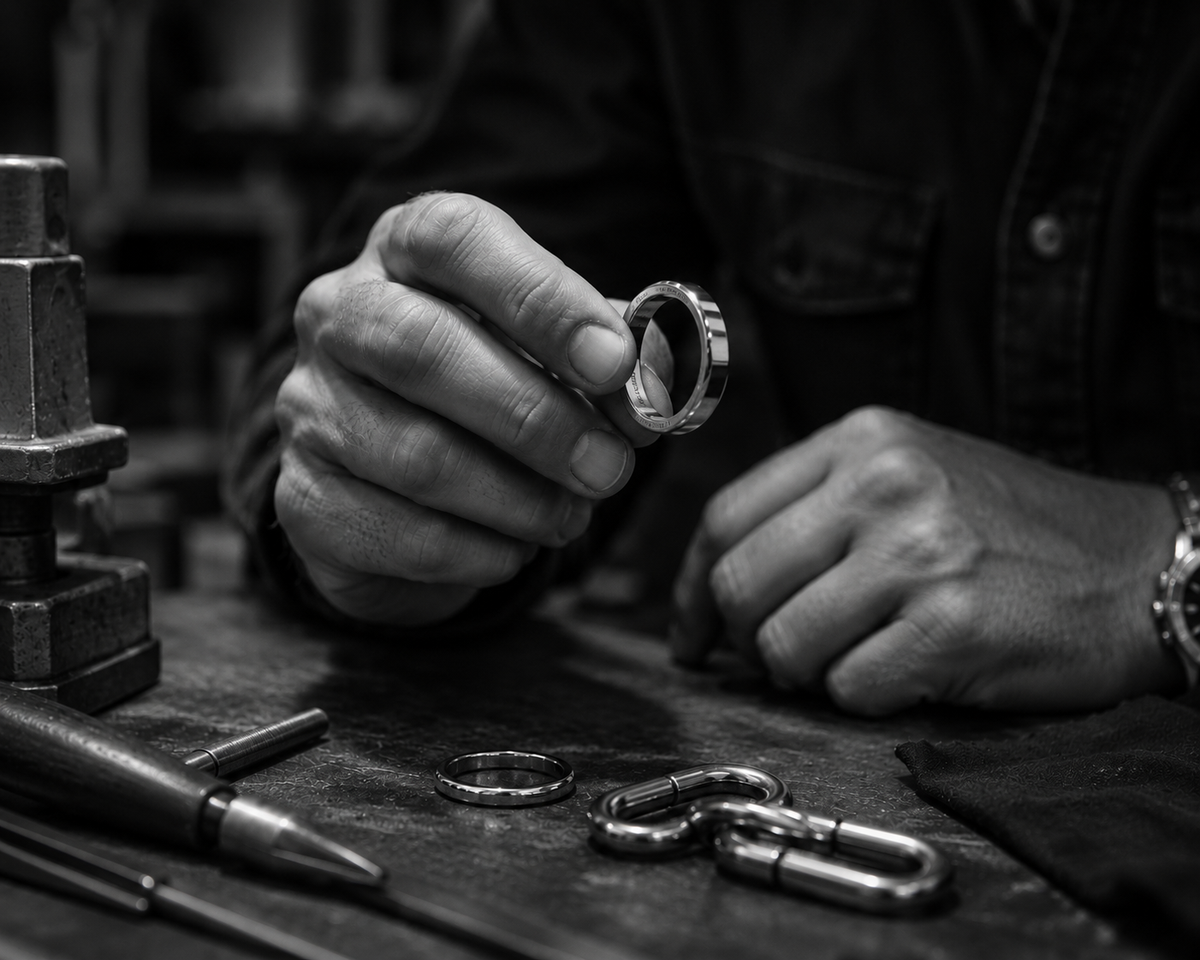 A close-up black and white photo of a person's hands holding a polished metal ring over a workbench with tools and another ring nearby.