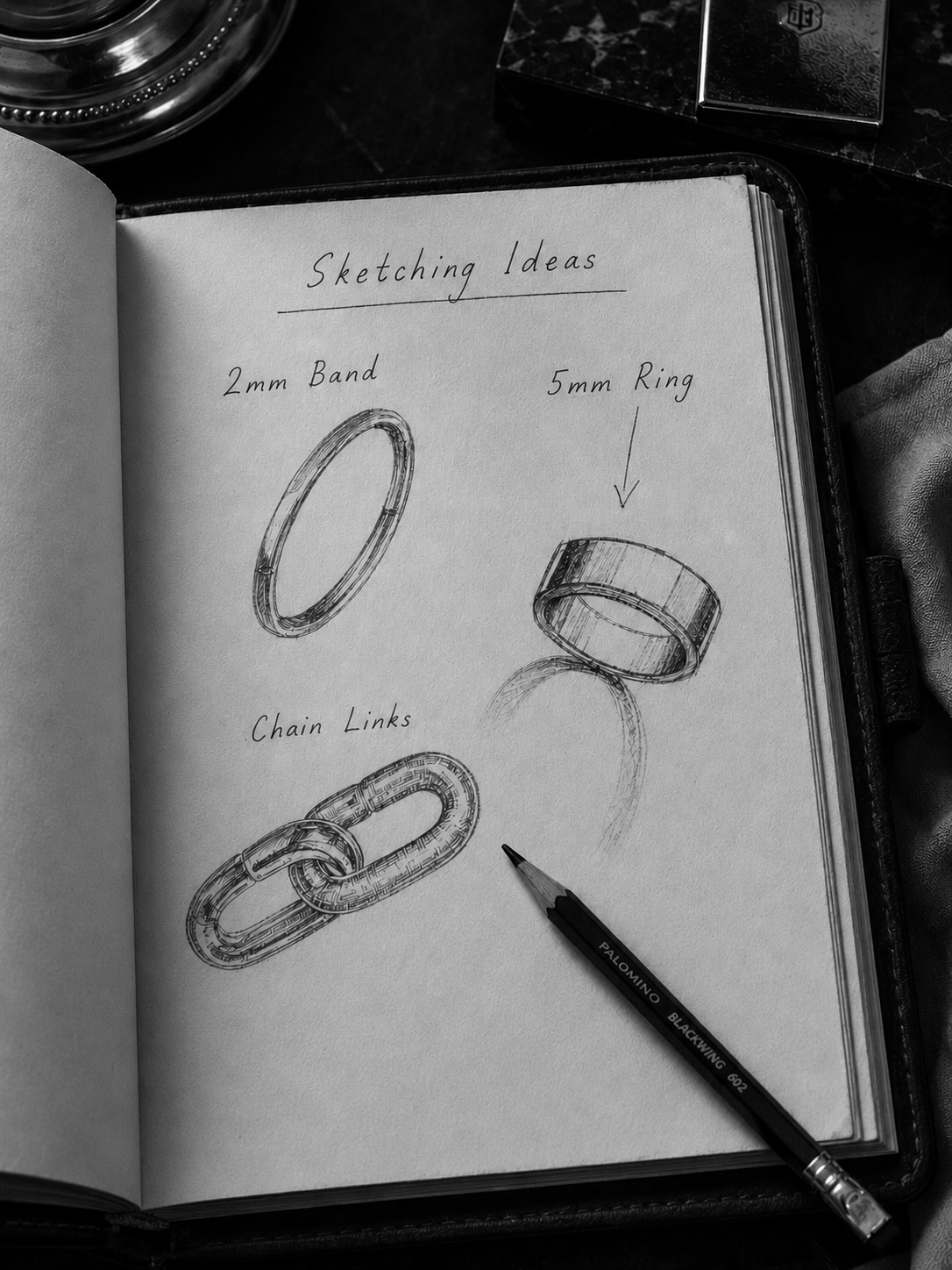 An open sketchbook showing pencil drawings of ring designs labeled '2mm Band', '5mm Ring', and 'Chain Links', with a pencil resting on the page.
