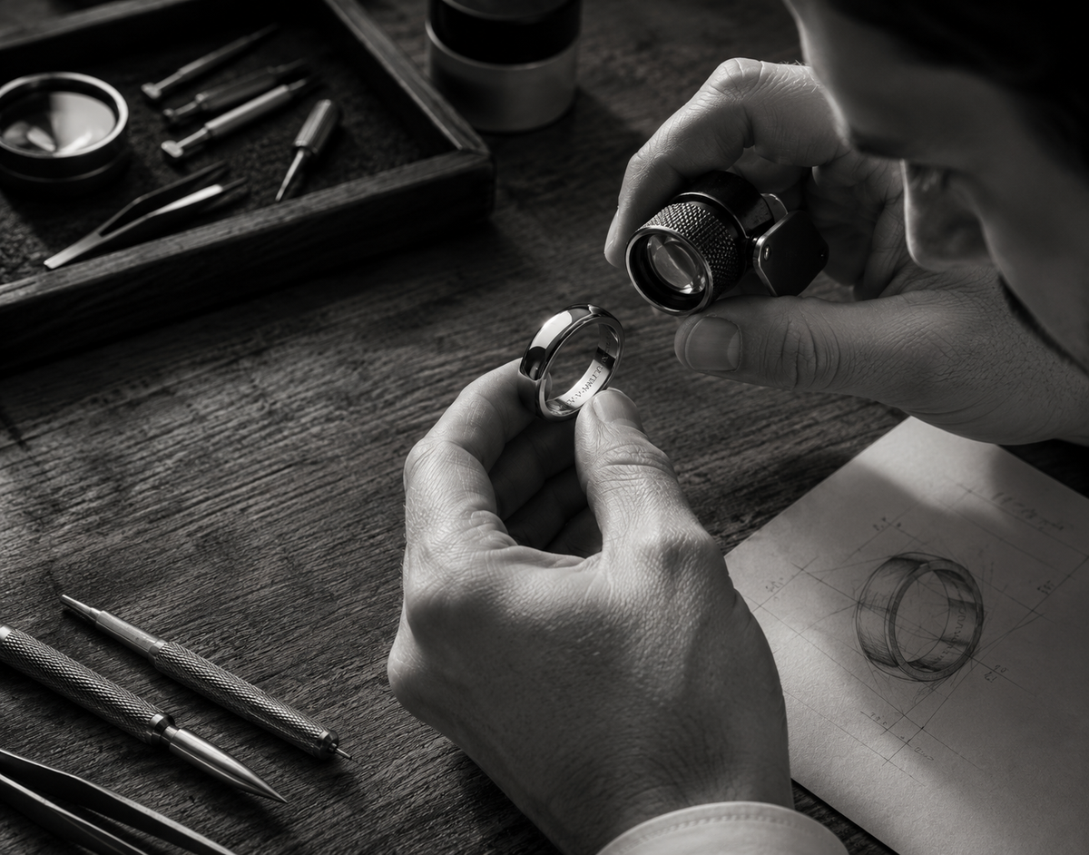 A close-up black and white photograph of a jeweler examining a ring under a loupe, with tools and a sketch on paper on a wooden workbench.