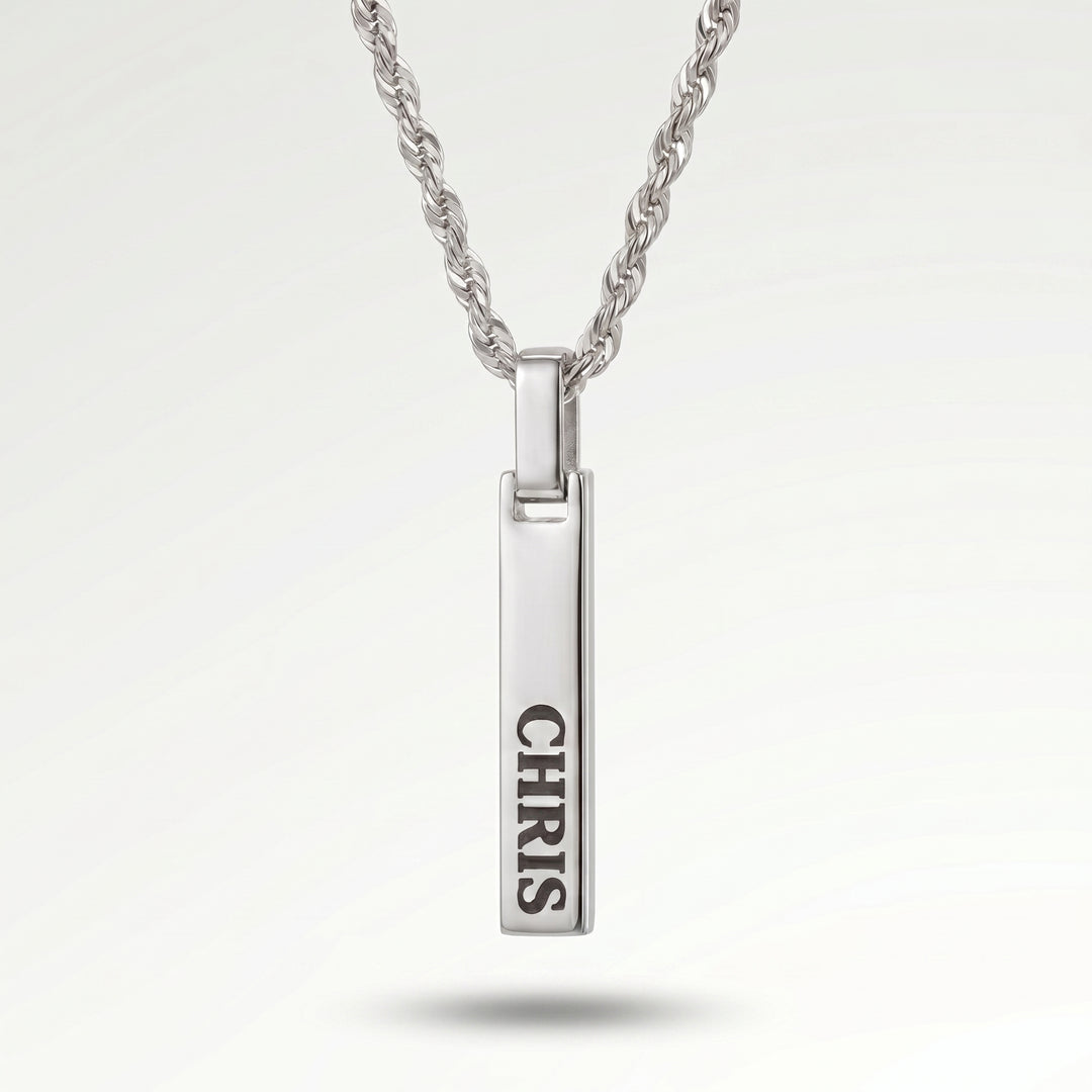 Silver 4-Sided Engraved Bar Necklace Pendant