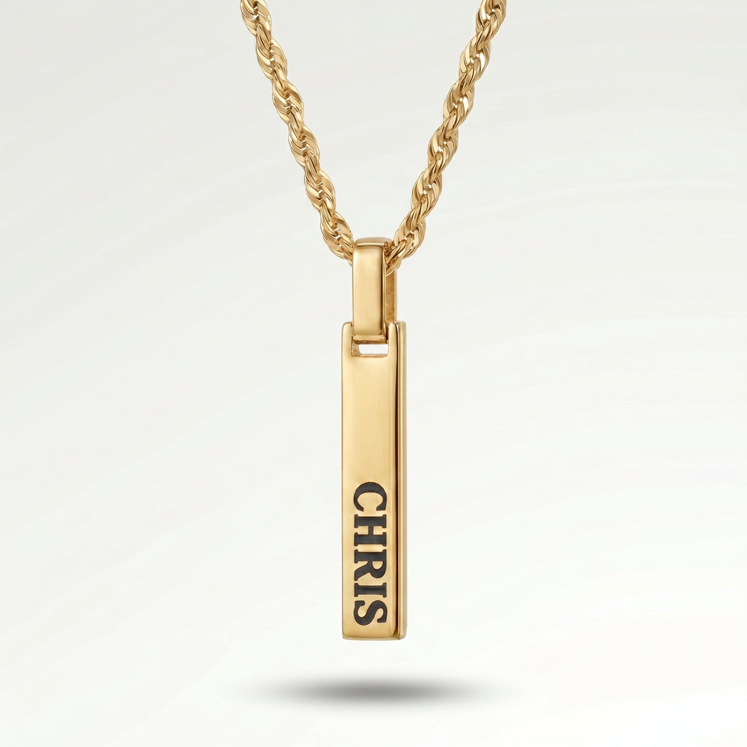 Gold 4-Sided Engraved Bar Necklace Pendant