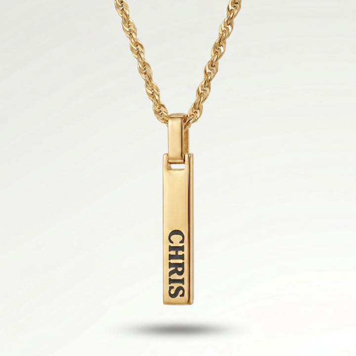 Gold 4-Sided Engraved Bar Necklace Pendant
