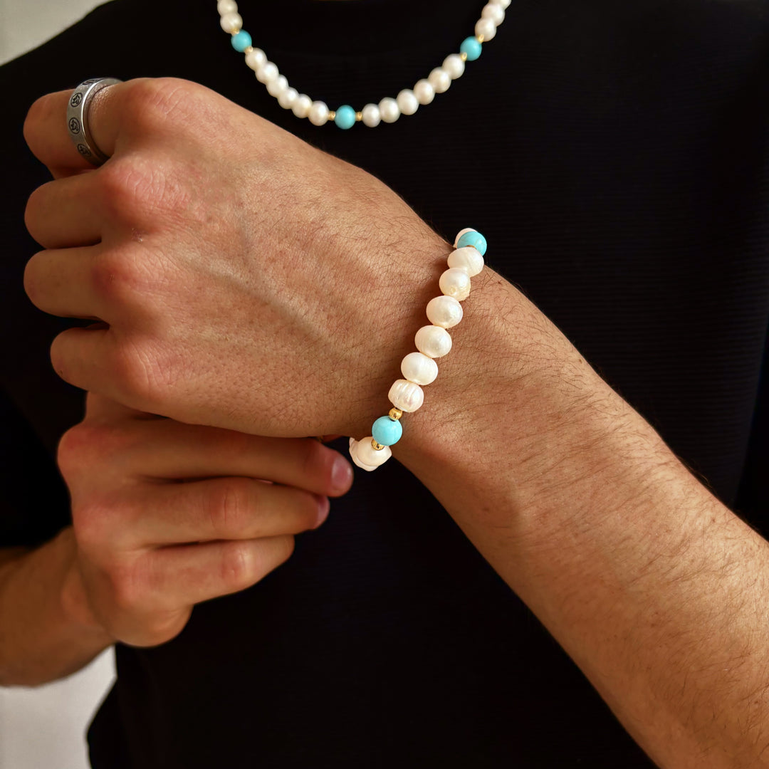 Turquoise Stone - Genuine Pearls Bracelet