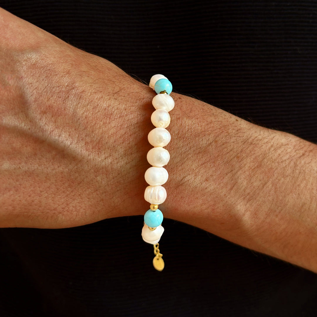 Turquoise Stone - Genuine Pearls Bracelet