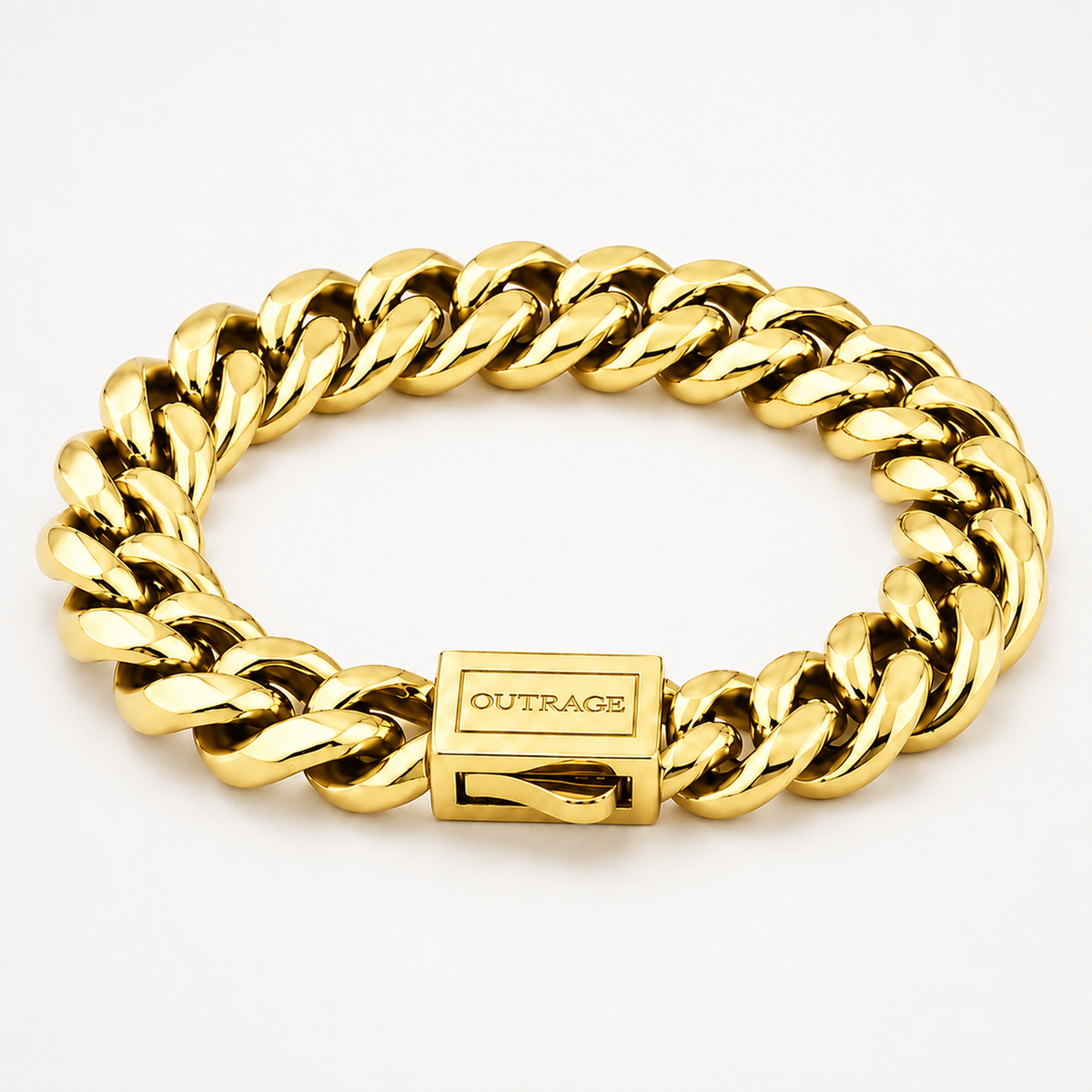 A thick gold Cuban link chain bracelet with a rectangular clasp engraved with the brand name 'OUTRAGE', shown on a clean white background.