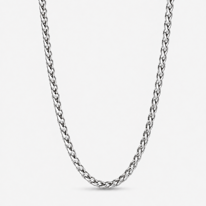 A silver-toned metal chain necklace with a braided curb link design, shown against a plain light gray background.