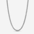 A silver-toned metal chain necklace with a braided curb link design, shown against a plain light gray background.