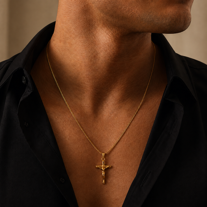Man wearing a gold necklace with a cross pendant against a neutral 