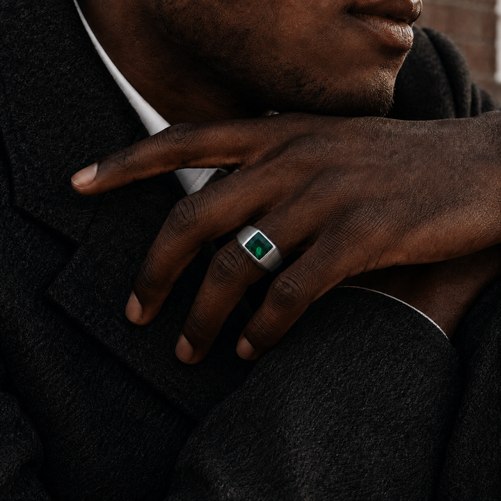 Silver Green Stone Signet Ring
