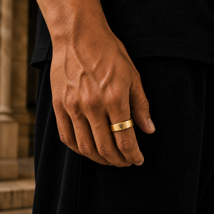 A close-up of a man's hand wearing a slim gold band ring with a small engraved symbol, set against a dark black shirt and a softly blurred stone background.