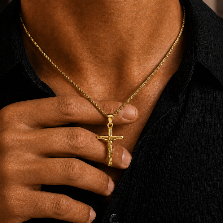 A gold crucifix pendant on a twisted chain necklace worn by a man in a black shirt, with his hand resting near the pendant.