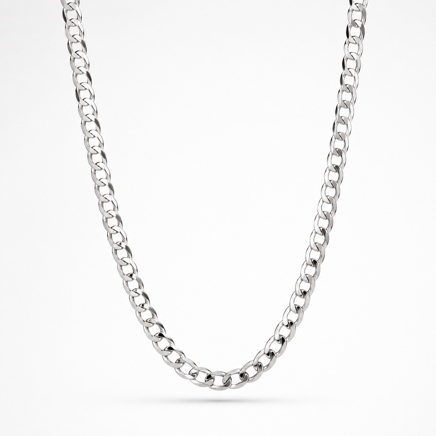 A polished silver-tone curb chain necklace draped in a U-shape against a clean white background.
